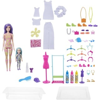 Barbie Colour Reveal Tie Dye Fashion Maker, Färbe-Set Colour Reveal, 50 Überraschungen, Chelsea-Puppe mit 35 Accessoires, 3 Flaschen auswaschbare Farbe, als Geschenk geeignet
