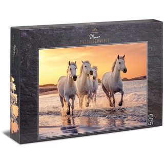 Ulmer Puzzleschmiede - Pferde-Puzzle Camargue-Pferde - klassisches 500 Teile Tierpuzzle - das weiße Pferd in freier Wildbahn in der Camargue, Provence, Südfrankreich