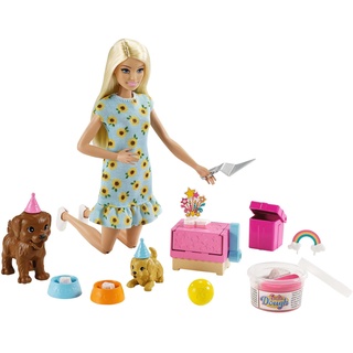Barbie Welpenparty, Barbiepuppe mit blonden Haaren, Zwei Hundewelpen, Knetmasse für Hundekuchen, Zubehör, Geburtstagszubehör, Geschenk für Kinder, Spielzeug ab 3 Jahre,GXV75