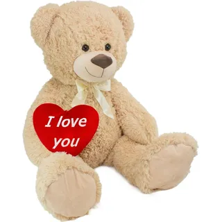 BRUBAKER XXL Teddybär 100 cm mit „I Love You“ Herz Stofftier Teddy Plüschtier Kuscheltier, Beige - Beige