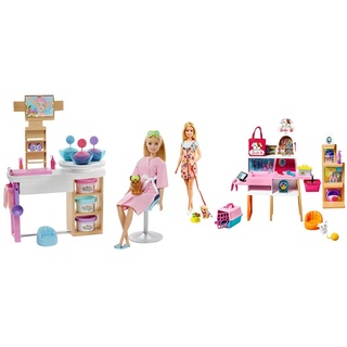 Barbie GJR84 - Wellness Gesichtsmasken Spielset, Puppe (blond), Hündchen & GRG90 - Puppe und Haustiersalon-Spielset mit 4 Haustieren, Farbwechsel-Fellpflegefunktion und Zubehör