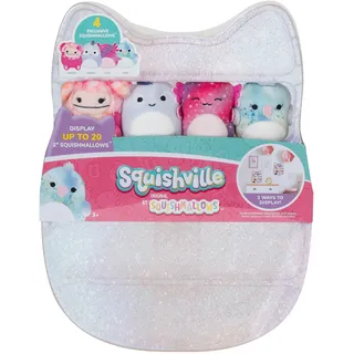 Squishville by Original Squishmallows Spiel- und Präsentationsaufbewahrung, 4 5,1 cm große Plüschtiere im Lieferumfang enthalten, Big Foot, Axolotl, Papagei, Chamäleon, Schaukasten zum Aufhängen oder