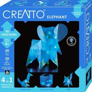 KOSMOS 3461 CREATTO Elefant 3D-Leuchtfiguren entwerfen, 3D-Puzzle für Elefant, Fuchs, Känguru, Handystation, kreative Zimmer-Deko, 40 Steckteile, 20-tlg LED-Lichterkette