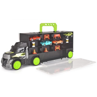 Dickie Toys – Carry & Store Transporter – Spielzeug-LKW zur Aufbewahrung von 28 Spielzeugautos, inkl. 4 Autos, inkl. Zubehör, mit Rampe, für Kinder ab 3 Jahren, Zerowaste Verpackung
