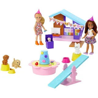 Barbie Chelsea Doggy Party Zwei Puppen mit Haustieren und Spielset mit Zubehör, Spielzeug + 3 Jahre (Mattel HJY88)