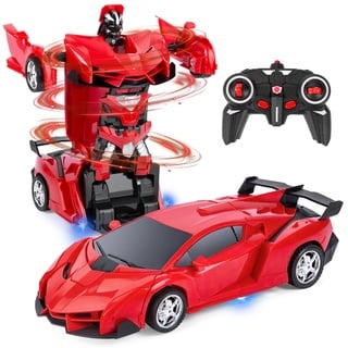 Highttoy Ferngesteuertes Roboter Auto für Kinder, Transformator Spielzeug für 3-12 Jahre Jungen Mädchen Geschenke 360° Drehung Verformung Roboter RC Auto 2.4GHz 1:18 Roboter RC Rennwagen Rot