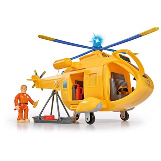 Simba 109251002 - Feuerwehrmann Sam Hubschrauber Wallaby II (34 cm, 6 Sitzplätze) für Kinder ab 3 Jahren, mit Originalsound, Licht, drehbarem Rotor, Seilwinde und Tom Thomas Figur, Gelb