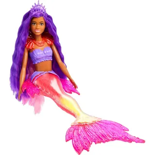 Barbie Mermaid Power, Meerjungfrau Barbiepuppe, Schwarze Barbiepuppe mit rosa und lila Haaren, Meerjungfrauenschwanz mit austauschbaren Flossen, Zubehör, Geschenk für Kinder ab 3 Jahre,HHG53