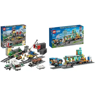 LEGO 60198 City Güterzug, Set mit batteriebetriebenem Motor & 60335 City Bahnhof, Spielzeug mit Schienen-LKW, Straßenplatte, Schienensegmenten und Minifiguren, Geschenk Set