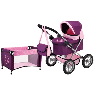 Bayer Design 13057AB Puppenwagen Trendy, mit Tasche, Puppenbett, höhenverstellbarer Griff, integrierter Korb, faltbar