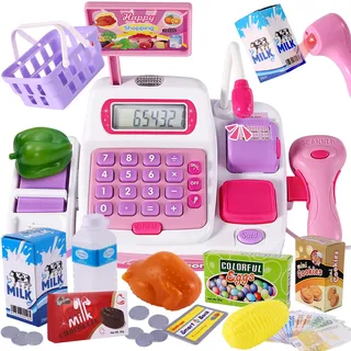 BUYGER 34 Stück Elektronische Kasse Spielzeug Supermarkt Registrierkasse mit Scanner Mikrofon Kaufladen Zubehör Rollenspiel Spielzeug für Mädchen Jungen ab 3 Jahre (Rosa), 25x12x16 cm