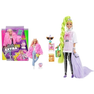 Barbie GRN28 - Extra Puppe, Flauschiger Pinker Mantel mit Einhorn-Schweinchen & HDJ44 - Extra Puppe #11 in übergroßem T-Shirt & Leggings mit Haustier Papagei, extra langes neongrünes Haar & Zubehör