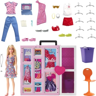 Barbie-Kleiderschrank mit Barbie-Kleidung und Accessoires, mit Klapptüren und Tragegriff, inkl. Barbie-Puppe mit blonden Haaren, Geschenke für Kinder ab 3 Jahren,HGX57