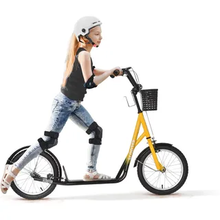 HOMCOM Kinder Roller, höhenverstellbar Tretroller mit großen Gummirädern, 2 Bremsen, Kinderscooter mit Korb, Becherhalter, für 5-12 Jahre  Aosom