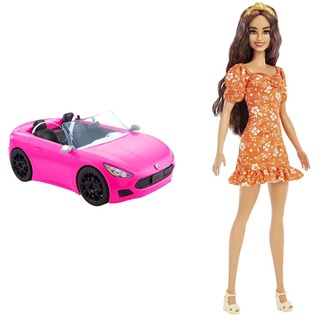 Barbie HBT92 - Cabrio-Fahrzeug, pink mit rollenden Rädern und realistischen Details & HBV16 - Fashionistas Puppe, langes gewelltes brünettes Haar, Stirnband, orangefarbenes Kleid mit Blumendruck