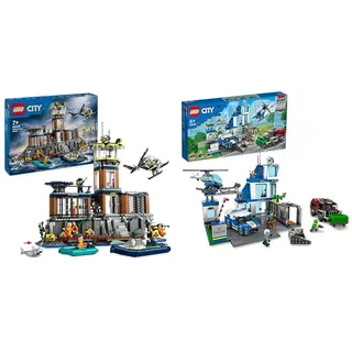 LEGO City Polizeistation auf der Gefängnisinsel, Polizei-Spielzeug mit Hubschrauber & City Polizeistation mit Polizeiauto, Müllauto und Hubschrauber