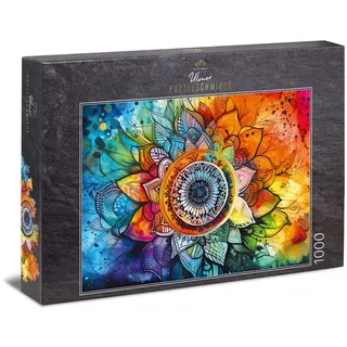 Ulmer Puzzleschmiede - 1000 Teile Puzzle Regenbogen-Mandala - Farbenreiches Mandala-Motiv - vergleichsweise einfaches Mandala-Puzzle durch hohe Formen- und Farb-Vielfalt - Qualität Made in Germany