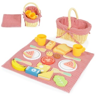 Tooky Toy Spiellebensmittel Spielzeug Picknickkorb TK454, Holz, Picknickdecke, Teller, Lebensmittel rot