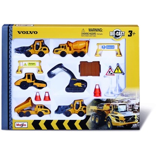 Maisto Volvo Baufahrzeuge: Spielzeugautos im 6er-Pack, mit Baustellenzubehör, wie Pylonen und Schilder, 8 cm (512376)