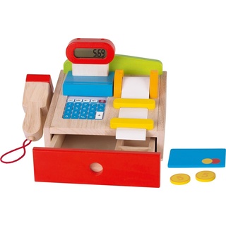 goki Spielkasse Kaufladenkasse Holz- inkl. Taschenrechner, Ladenkasse für Kinder