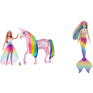 Barbie GWM78 - Dreamtopia Magisches Zauberlicht Einhorn mit Berührungsfunktion & Dreamtopia Rainbow Magic Mermaid, Meerjungfrau mit Regenbogenhaaren