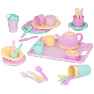 Play Circle Kinderküche Zubehör Geschirr Set und Teekanne – Kinder Kochgeschirr für Spielküche – Spielzeug Küchenzubehör Spielgeschirr ab 3 Jahre (34 Teile)