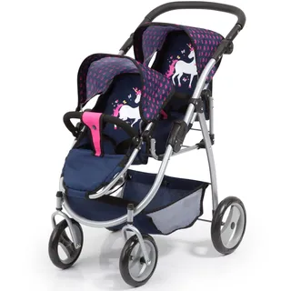 Bayer Design 26554AA Zwillingspuppenwagen für Puppen, modern, höhenverstellbarer Griff, zusammenklappbar, mit Einhorn Motiv, blau pink, 46 cm