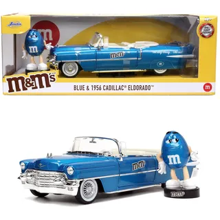 Jada Toys M&Ms Figur Blue mit 1956er Cadillac Eldorado - Spielzeug-Set aus Modellauto und Blauer M&M`s Figur, dekorativer Fanartikel aus Metall für Sammler & Schokoladen-Liebhaber, 18 cm