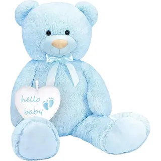 BRUBAKER XXL Teddybär 100 cm mit Hello Baby Herz - Babyparty Geschenk für Neugeborene Jungen - Kuscheltier Stofftier Plüschtier - Blau Hellblau