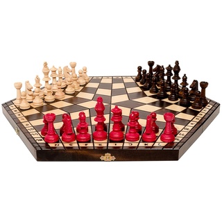 Einzigartig 3 Personen Schach | Master of Chess | XL Chess Board 54x47 cm | Engelhart Hochwertiges Massivholz Schachspiel - Schachbrett für Kinder und für Erwachsene