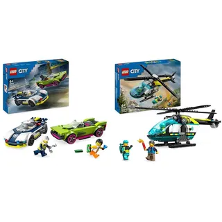 LEGO City Verfolgungsjagd mit Polizeiauto und Muscle Car, Auto-Spielezug mit 2 Rennautos & City Rettungshubschrauber, Hubschrauber-Spielzeug für Kinder