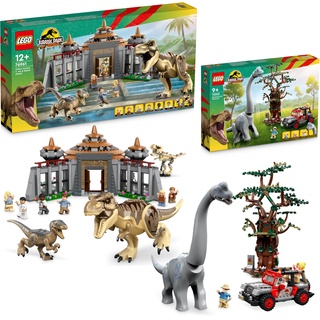 LEGO Jurassic Park-Bundle: Entdeckung des Brachiosaurus (76960) und Angriff des T. rex und des Raptors aufs Besucherzentrum (76961) Dinosaurier-Spielzeug mit Dino-Figuren und Spielzeugauto