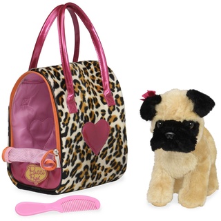 Pucci Pups Mops Kuscheltier Hund in Handtasche mit Zubehör – Plüschtier Welpe in Leopardenmuster Tasche – Spielzeug für Kinder ab 2 Jahre