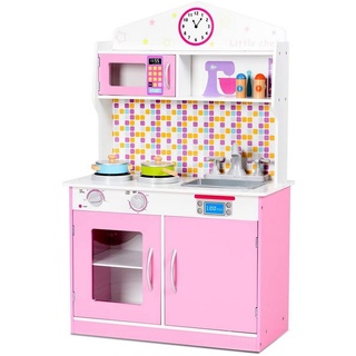KOMFOTTEU Kinder-Küchenset Holzküche Spielküche, aus Holz, mit Mikrowelle, Spüle rosa