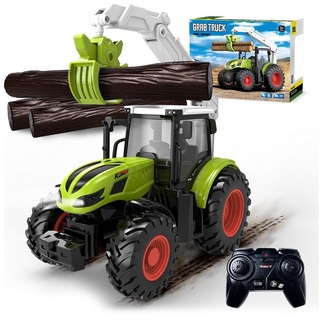 Esun RC-Traktor Traktor Spielzeug ab 2 3 4 Jahre,Ferngesteuerter Traktor Ferngesteuert (mit Holzgreifer und 3 Baumstämme), Bauernhof Spielzeug ab 2 3 Jahre, Rc Traktor grün