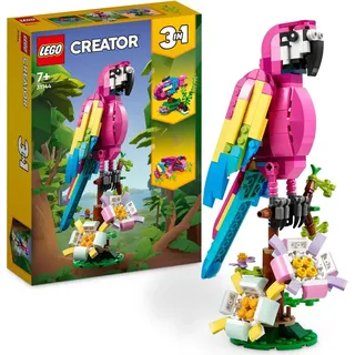 LEGO 31144 Creator 3-in-1 Exotischer Pinkfarbener Papagei, Frosch und Fisch, Dschungel-Spielzeug mit Tier-Figuren, tropische Schlafzimmer-Deko, Ges...