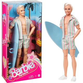 BARBIE THE MOVIE - Puppe für Barbie Filme Fans, Ken-Puppe, Sammelpuppe im Surfbrett und Turnschuhen, beweglicher Körper, platinblondes Haar, als Geschenk für Kinder ab 3 Jahren geeignet, HPJ97