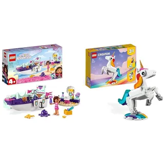 LEGO Gabby's Dollhouse Gabby & Meerkatze Schiff & Spa Boot Set & Creator 3in1 Magisches Einhorn Spielzeug, Seepferdchen, Pfau