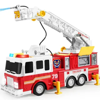 JOYIN Groß Feuerwehrauto Spielzeug ab 2 3 4 Jahre, mit 83 cm Leiter, Spielzeugauto, Feuerwehr, Eektrischen Knöpfen, Lichtern, Sirenen, Drehbarer Schlauchtrommel und Abnehmbarer Wasserpumpe