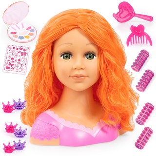 Bayer Design 90088BO Frisierkopf Charlene Super Model, Puppenkopf mit Haarzubehör, Schminke, Haare, 27 cm, rot orange, M