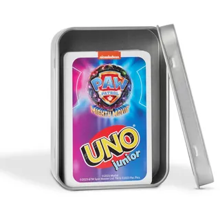 UNO Junior Kartenspiel Neue Edition für Kinder, Kinderspiele geeignet für 2-4 Spieler ab 3 Jahren + Metalldose für Spielesammlung (UNO Junior PAW Patrol)