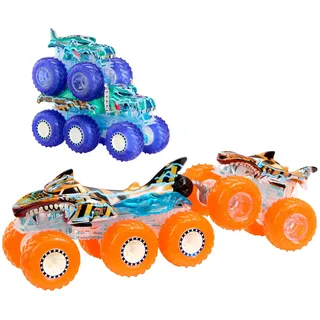 Hot Wheels Monster Trucks Spielzeugtruck & Big Rig Multipack, Mega-Wrex & Tigerhai im Maßstab 1:64 mit Big Rigs in passender Power Smashers-Deko, HYJ29