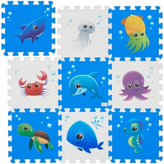 Relaxdays Puzzlematte mit Meerestieren, 9-teilige Spielmatte für Babys & Kinder, BxT: 86 x 86 cm, Schaumstoff, blau/weiß