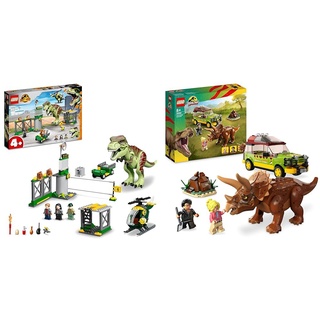 LEGO 76944 Jurassic World T. Rex Ausbruch, Dinosaurier-Spielzeug ab 4 Jahren & 76959 Jurassic Park Triceratops-Forschung, Dinosaurier Spielzeug mit Figur und Auto zum Sammeln zum 30. Jubiläum