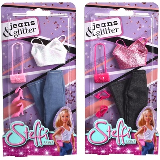 Steffi Love Jeans & Glitter, 2-fach sortiert, es wird nur ein Artikel geliefert, Glittertop mit Jeans und Fashion Zubehör, für 29cm Ankleidepuppen, ohne Puppe, ab 3 Jahren