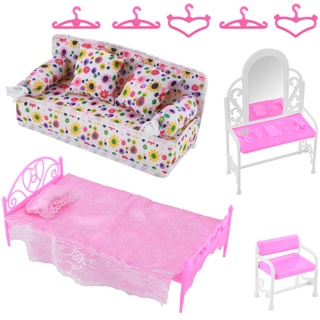 Felenny 8 Stück Prinzessin Möbel Zubehör Kommode Set + Sofa Set + Bett Set + Kleiderbügel für Schlafzimmer Barbie Puppe