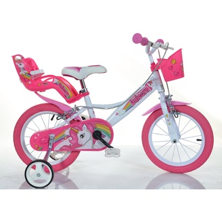 Kinderfahrrad DINO "Unicorn Einhorn" Fahrräder Gr. 28 cm, 16 Zoll (40,64 cm), pink (pink, weiß) Kinder Kinderfahrräder mit Stützrädern, Korb und Puppensitz