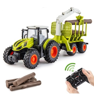 Esun RC-Traktor Ferngesteuerter Traktor Ferngesteuert, RC Traktor mit Anhänger (Set, Komplettset), Holzgreifer, 4 Holzstreifen, LKW spielzeug ab 3 4 5 6 jahre grün