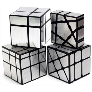 Yealvin Mirror Cube Set, Zauberwürfel Set 1×3×3 Floppy Cube 2×2, 3×3 Zauberwürfel Spiegel und 3×3 Windmill Magic Cube Puzzle für die Intelligenzentwicklung Brain Teaser 4 Pack -Silber