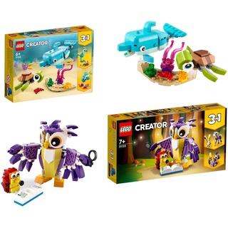 SET: LEGO Creator - Wald-Fabelwesen (31125) + Delfin und Schildkröte (31128) - Eule Hase Fisch Seepferdchen Eichhörnchen - 2er Bundle